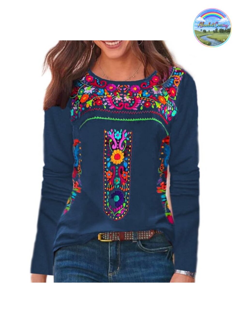 Melliflo Long Sleeve Floral Embroidered Peasant Blouse Boho Top Women